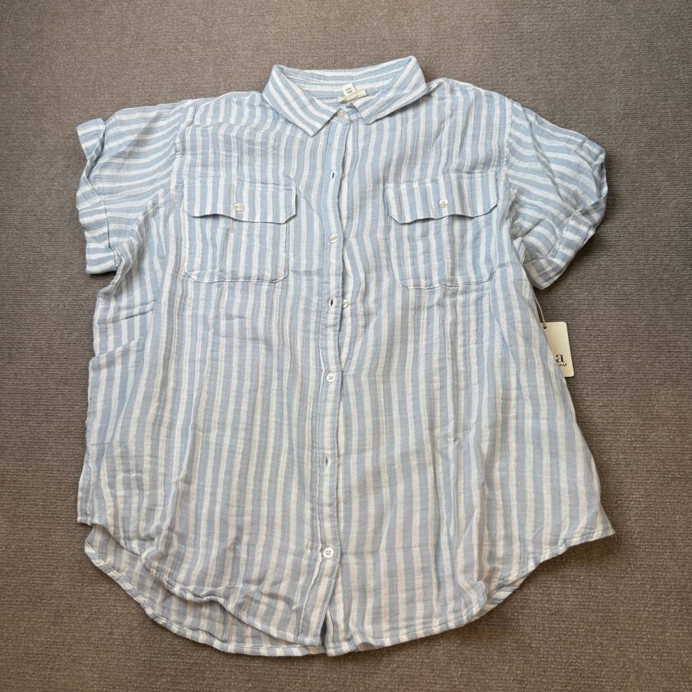 MSRP $48 A.N.A Womens XL Tall Clara Stripe Blue Short Sleeve Blouse